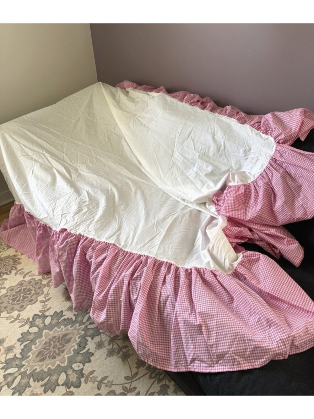 Pottery Barn Kids Pink Full Deux Places Cotton Gingham Ruffle Bed Skirt Farmhous